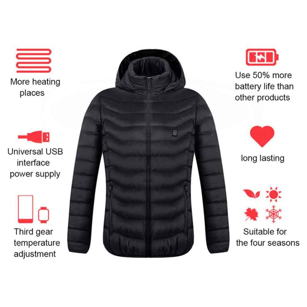 Heated Jacket, USB Powered Thermal Coat with Removable Hood